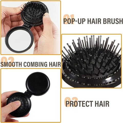 Allecto Plus - Set of 2 Foldable Travel Brushes with Mirror Portable Comb Pocket Massager for Men, Women, and Girls (Travel Size Mini Compact)