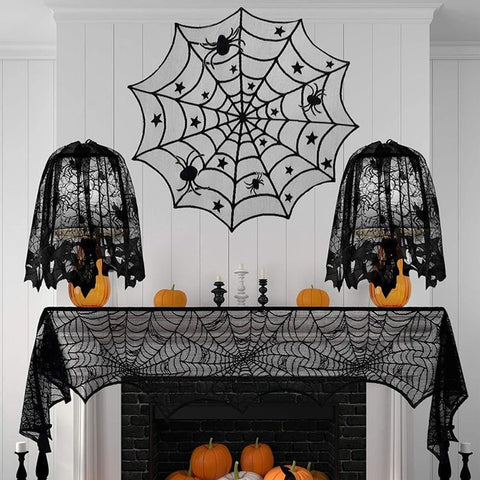 Tablecloth - 102 cm - Halloween tablecloth - table runner - round tablecloth - Halloween table decoration - black round lace spiderweb tablecloth - Interior decoration - lace tablecloth - Halloween party ornament - for Kitchen, Dining Table, Party Supplie