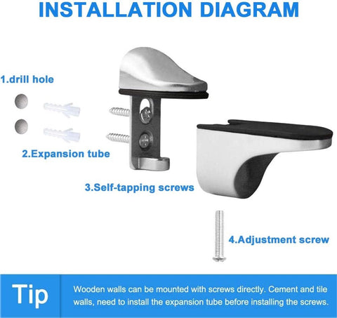 4 pieces - Glass clamp - Glass shelf brackets - Adjustable - Glass shelf bracket - fishmouth glass clip - wall mounting bracket - zinc alloy - furniture accessories - hardware accessories - with screws - for shelves of 3-20 mm thickness - 56*24*50 mm - wh