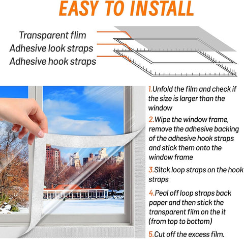 Window Film - Thermal Insulation for Windows - Window Film Insulation Sealing Set - Winter Window Insulation Set - Window Insulation Film - Winter Insulation Window Covering Set - Self-Adhesive - with Velcro - for windows and skylights - transparent - 160