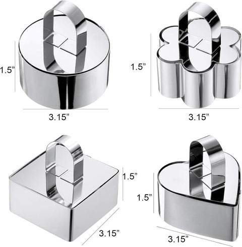 4 pieces - stainless steel - dessert rings - cake rings - with handle - molds - for baking and cooking cakes, mousses, and desserts - 8*3.8 cm - silver - square, round, heart shape, flower shape