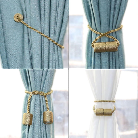 2 Pieces Magnetic Curtain Ties - Curtain Tieback Hook - Curtain Fasteners - Curtain Tieback - Magnetic Curtain Cord - Curtain Ties - Curtain Holders - Thickened Steel Cable - Gold
