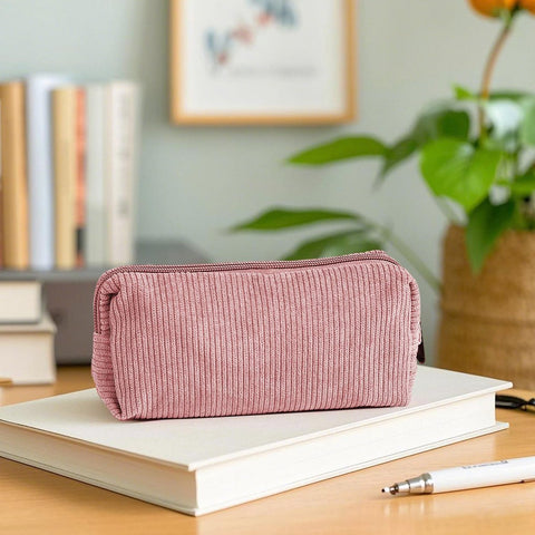 Pencil Case - Pencil Case - Pen Case - Storage Bag - School Pencil Case - Storage Box - Corduroy Pencil Case - Makeup Bag - with Zipper - Cosmetics Organizer - for girls, boys, adults and teenagers - 20*4.5*7.5cm - Pink