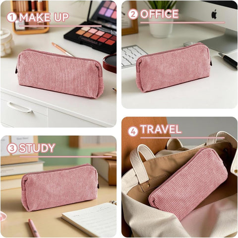 Pencil Case - Pencil Case - Pen Case - Storage Bag - School Pencil Case - Storage Box - Corduroy Pencil Case - Makeup Bag - with Zipper - Cosmetics Organizer - for girls, boys, adults and teenagers - 20*4.5*7.5cm - Pink