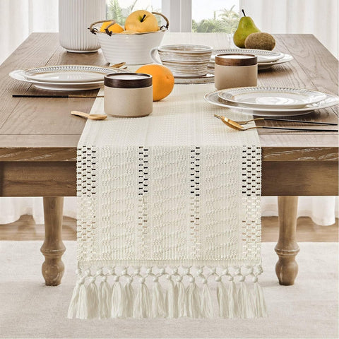 Table runner - tablecloth - Bohemian style table runner - pink table runner - with knotted tassel - farmhouse woven home decor - white - 30*240 cm