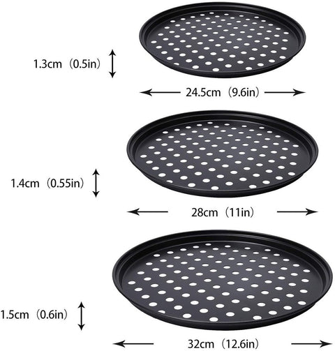 3 pieces - Pizza pans - round pizza plate - pizza baking sheet - baking sheet - round baking sheets with non-stick coating - perforated pizza baking set - pizza pans with holes - for home, kitchen and oven - 24cm, 28 cm, 32 cm - black