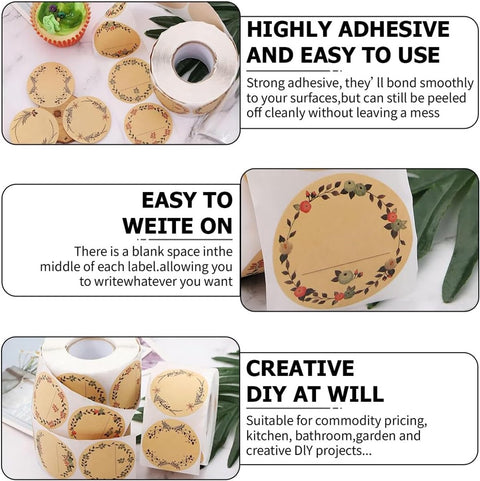 500 pieces - Labels - Jar Labels - jam labels - gift stickers - household labels - kraft paper stickers - writable - floral design - self-adhesive - for jam jars, spice jars, bottles, gift bags and Thanksgiving gifts - 50mm
