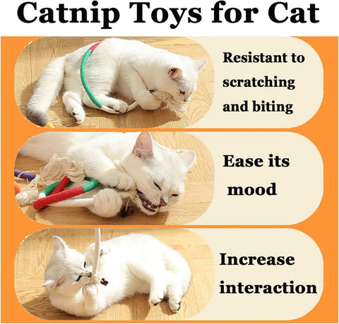 Cat Toys - 4 Pieces Cat Teeth Cleaning Toys - Cat Toy Chew Ropes - Toys For Cats - Indoor/Outdoor Interactive Ropes & Catnip Toys - with Catnip - for Self-Playing Adults & Kittens, Yellow & Orange