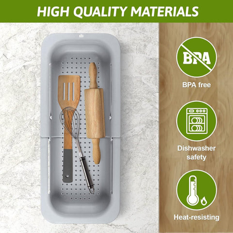 Sink drain basket - Strainer - Washing vegetables and fruit - Draining cooked pasta and drying dishes - Extendable and telescopic - New kitchen accessories for the home - Grey