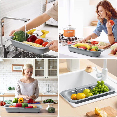 Sink drain basket - Strainer - Washing vegetables and fruit - Draining cooked pasta and drying dishes - Extendable and telescopic - New kitchen accessories for the home - Grey