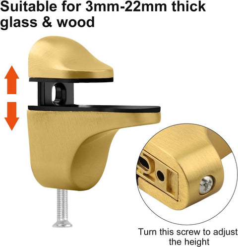 pieces - Glass clamp - Glass shelf brackets - adjustable - glass shelf bracket - fishmouth glass clip - wall mounting bracket - zinc alloy - furniture accessories - hardware accessories - with screws - for shelves of 3-20 mm thickness - 56*24*50 mm - gold