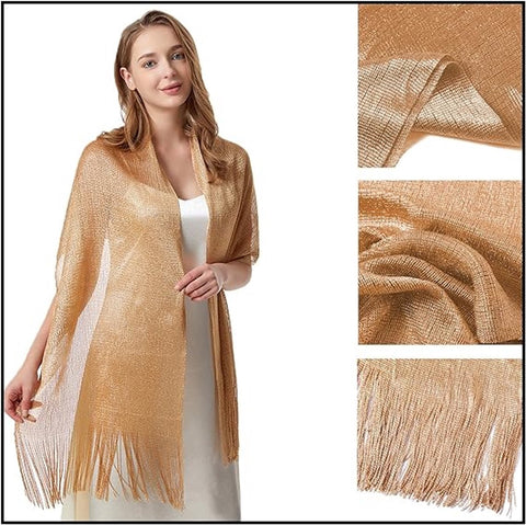 1 Shiny gold ladies' scarf - Ladies' scarf with tassels - Bridal scarf - Bridal scarf - Scarf - Tassel - For wedding ceremony, dinner and bridesmaids - Gold - 175 x 45 cm
