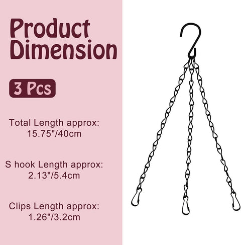 pieces - 16 inch - Plant hanger - Flowerpot hook - Lantern hook - Garden hook - Plant hook - hanging basket chains - with 3 chains - black chain with hooks - for hanging plants and flowerpots - 40 cm - black