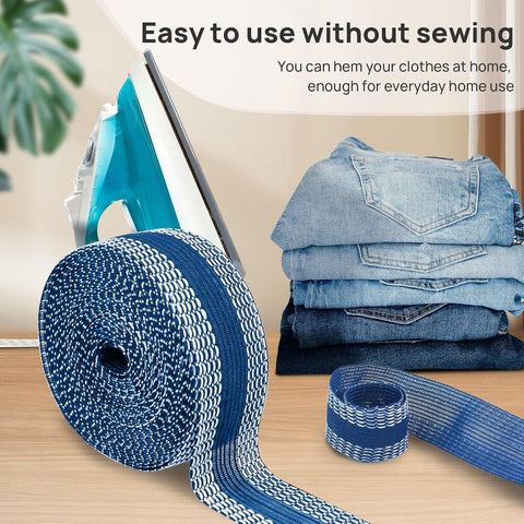 Iron-on tape - 10 m*2.5 cm - Hemming tape - Hemming tape for trousers - Curtain tape - pleating tape - iron-on hem tape - self-adhesive tape without sewing - for hemming - washable repair tape - for jeans, suit trousers, waistband - blue