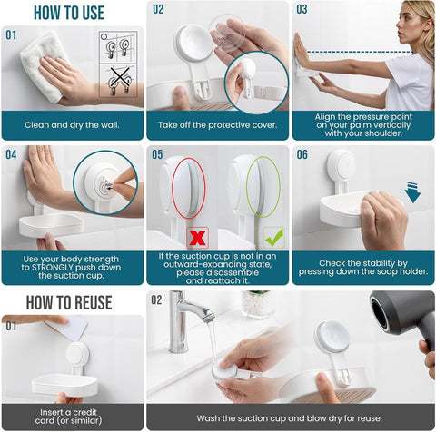 Soap holder - Soap dish with suction cup - Soap holder - Soap dish - Soap box - self-draining soap dish - suction cup soap holder - no drilling - reusable - bathroom accessories - for shower, bathroom, kitchen sink - 11.5*8.5*14 cm - white