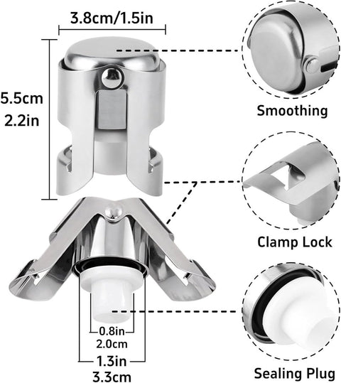 pieces - Stainless steel champagne stoppers - Reusable - champagne corks and stoppers - Food-grade anti-bubble wine stoppers - Leak-proof - For champagne, cava and prosecco - 5.5*3.8 cm - silver
