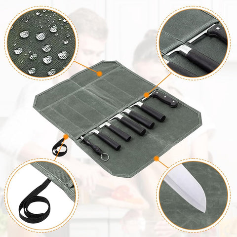 Chef Tools Protector - with 7 slots - Chef's knife roll bag - Knife bag - Waxed canvas knife bag - Cookware - knife case - knife holder - storage bag - cutlery tool roll bag - for camping - (Knives Not Included) - 45*56 cm - green