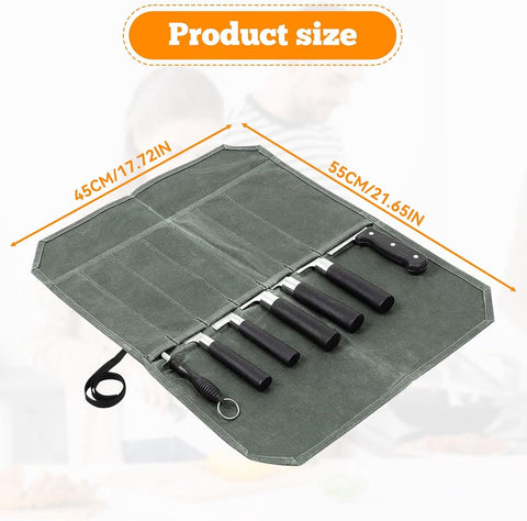 Chef Tools Protector - with 7 slots - Chef's knife roll bag - Knife bag - Waxed canvas knife bag - Cookware - knife case - knife holder - storage bag - cutlery tool roll bag - for camping - (Knives Not Included) - 45*56 cm - green