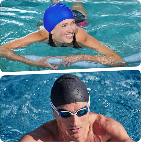 pieces - swimming cap - 23*20 cm - silicone swimming caps - hearing protection - waterproof swimming hat - keep dry for long and short hair - unisex swimming caps - for adults, children and juniors - black and blue