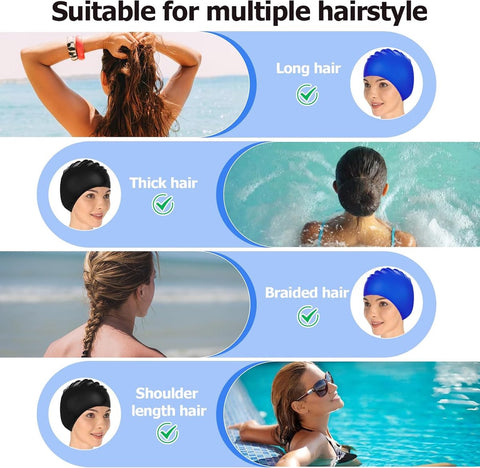 pieces - swimming cap - 23*20 cm - silicone swimming caps - hearing protection - waterproof swimming hat - keep dry for long and short hair - unisex swimming caps - for adults, children and juniors - black and blue