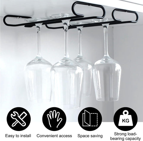 Wine glass holder - Glass hooks for shelf - Iron glass holder for glasses - Wall display holder - Hanging glass holders - Metal hanging glass holder - Display rack - hooks - for bars, wine cabinets, cupboards, kitchens, restaurants - 26*11.5 cm - black