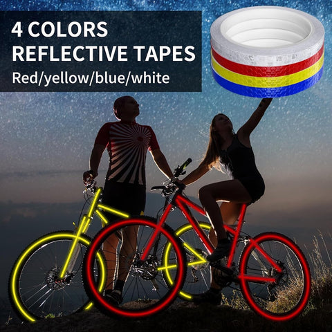 4 rolls - 1cm * 8m - Reflective tape - self-adhesive safety markings - reflective strips - reflective stickers - warning tape - for visibility - for vehicles and outdoor helmets - white, yellow, red, blue
