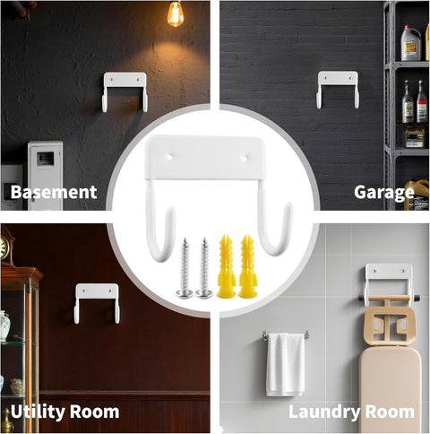 Ironing board holder - Ironing board hanging system - Hook for ironing board - Wall-mounted ironing board holder - Ironing board organizer - Hook - Storage hooks - wall hooks - tool hooks - for laundry rooms, garages and storage rooms - 12*11*6 cm - white