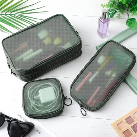 pieces - Cosmetic bag - Travel toiletry bag - Storage bag - mesh cosmetic bag - travel bag with zipper - mini makeup bag - for daily accessories - for travel and daily use - small, large, medium - olive green