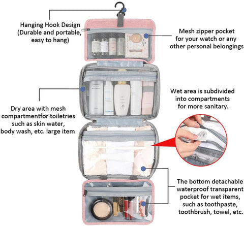 Toiletry bag - Portable hanging toiletry bag - foldable travel toiletry bag - large foldable travel bag - travel makeup bag - storage bag - with 4 compartments - waterproof toiletry bag - unisex - for vacation, shower, camping and travel - 27*18*8 cm - pi