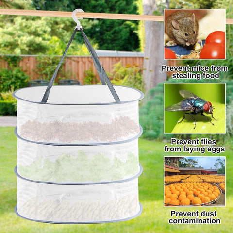 Herb Drying Rack - 40*60cm - 3-tier hanging herb drying net - Drying rack - Drying net - food drying net - hanging mesh net - plant drying rack - with zippers - foldable drying net - for buds, meat, herbs, vegetables, plants, fruit, clothing - white