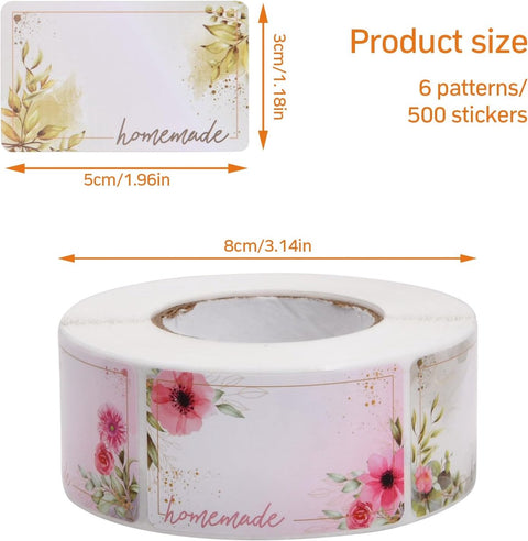 Self-adhesive jam labels - 500 pieces - 3x5 cm - easy-to-remove adhesive food labels - with floral pattern - for refrigerator, kitchen containers, and bottles