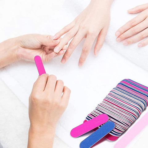 100 pieces - Sanding strips - Nail file - Mini wood file - Shaping nails - nail sanding strips - mini nail file - nail file set - mini nail files - manicure instruments - manicure - for home and salon use - 180/240 grit - 5*1.3 cm - pink, blue