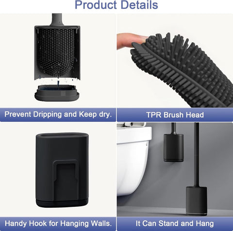 Toilet brush and holder set - Toilet brush - Deep cleaning - Silicone toilet brush - Flexible toilet brush head - Wall mounting - Freestanding toilet brush holder - Black