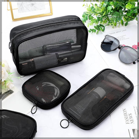 4 pieces - Cosmetic bag - Travel toiletry bag - Storage bag - mesh cosmetic bag - travel bag with zipper - mini makeup bag - for daily accessories - for travel and daily use - small, large, medium - black