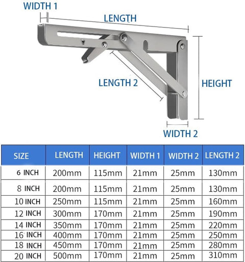 2 pieces - Stainless steel foldable shelf brackets - Support frame - Robust stainless steel foldable shelf brackets for work tables - Space-saving - DIY brackets - 25 cm/10 inches