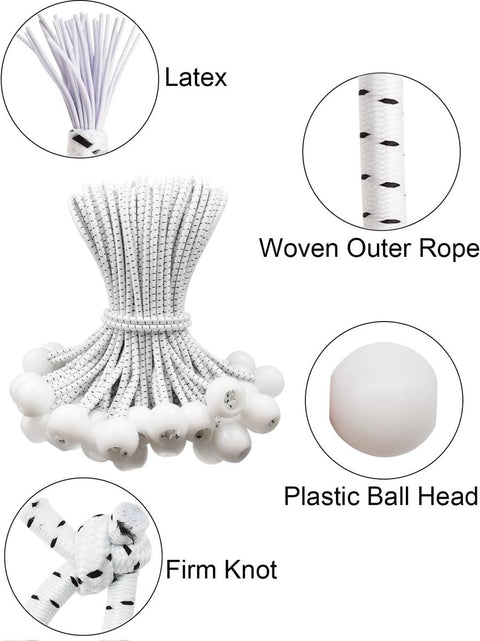50 pieces - 6 inch - Elastic rope - Elastic cord - Tensioning elastic - tension cord - ball bungee cords - with balls - reusable - for golf nets, soccer goals, camping, tent poles, hose - white rope black spot - 150*22 mm