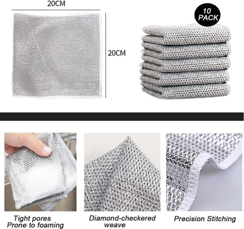 10 pieces - 20*20 cm - Multifunctional wire dishcloth - Dishcloth - double-layered - Cleaning cloth - for wet and dry dishes - scratch-free wire dishcloth - wire scrubbing cloths - for dishes - time-saving kitchen towels and cleaning cloths