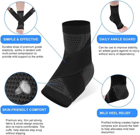 1 pair - Ankle brace - Ankle support - Ankle bandage - Foot brace - Upper neck circumference 22 cm - for damaged ligaments and sprained ankle - support band for heel pain with plantar fasciitis - relief of heel pain - Unisex - M - black
