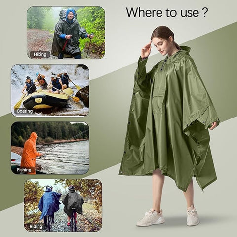 Poncho - Raincoat - 210*140cm - multifunctional waterproof rain poncho - Waterproof Rain Poncho - Cycling Poncho - reusable - raincoat with hood - rain poncho with chest pocket - with storage bag - for travel, hiking, camping, fishing - green
