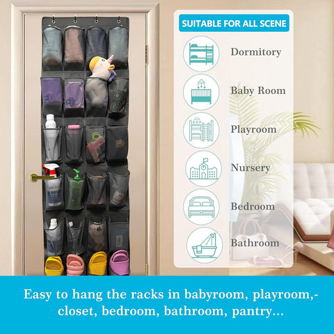 150*56 cm - Over-the-door shoe organizer - Wall compartment - 24 large - breathable mesh pockets - shoe rack - hanging storage - various storage space - breathable over-the-door closet storage, sneakers - black