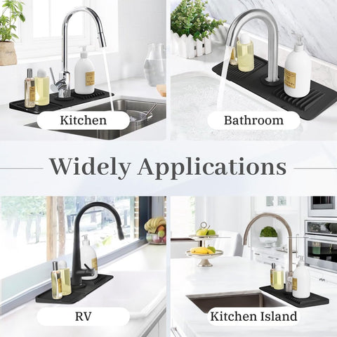 14" Drain Mat - Sink Mat - Faucet Mat - Kitchen Drying Mat - Splash Guard - Non-Slip - Kitchen Sink Protector - Silicone Short Drain Mat - for the sink, for kitchen utensils, cups, fruit and vegetables - Black
