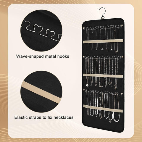 Jewelry organizer - 1 piece - Jewelry holder - Felt hanging bag - Earring organizer - Hanging jewelry organizer - Storage bag - Display rack - Double-sided necklace holder - Jewelry necklace organizer - with large zippered pockets and hooks - 84*36cm - bl