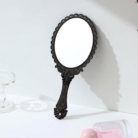 Hand Mirror with Handle - Make-up Mirror - Make-up Mirror - Oval Mirror - Travel Mirror - 12 x 10 cm Mirror Surface - Shaving Mirror - Hairdressing Mirror - Black - Plastic Handle
