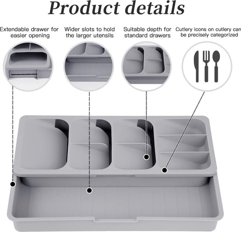 2 in 1 Storage Box - Cutlery Organizer - Cutlery Tray - Drawer Organizer - Multifunctional Cutlery Tray - Pull-out Cutlery Tray - Cutlery Tray Drawer Divider - Small Cutlery Tray for Kitchen - Storage Bins for Cutlery Storage - Gray - PP - 40.5*16.5*5.5cm