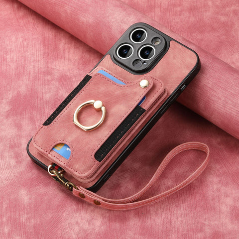 iPhone 11 Compatible Leather Case with RFID Blocking Multi-Functional Card Holder Lanyard Anti-Theft Ring Light Purple