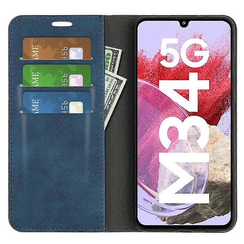 Compatible with Samsung Galaxy M34 5G Phone Case Retro Skin Magnetic Leather Dark Blue
