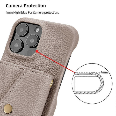 iPhone 14 Pro Case Horizontal Card Pocket Litchi Texture Long Cord Grey