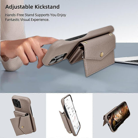 iPhone 14 Pro Case Horizontal Card Pocket Litchi Texture Long Cord Grey