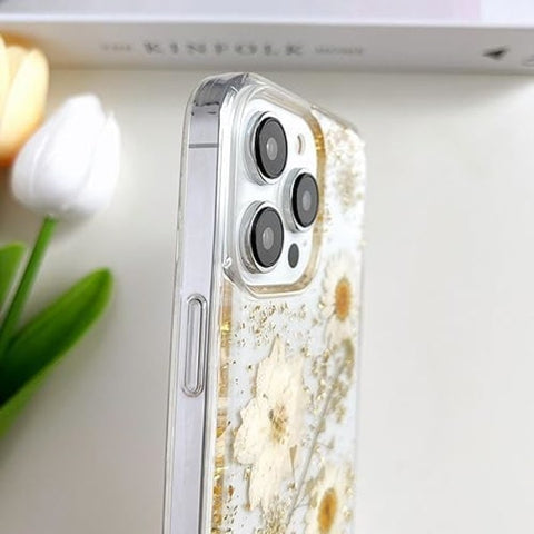 iPhone 16 Plus Case with Real Flowers Design, Transparent Glitter Floral TPU Slim Soft Protective Case for Women