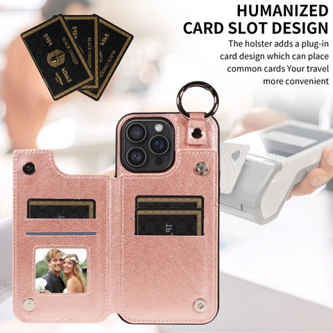Compatible with Apple iPhone 16 Pro Max Case with Ring and Card Holder, PU Leather, Rose Gold Pink, Skalo